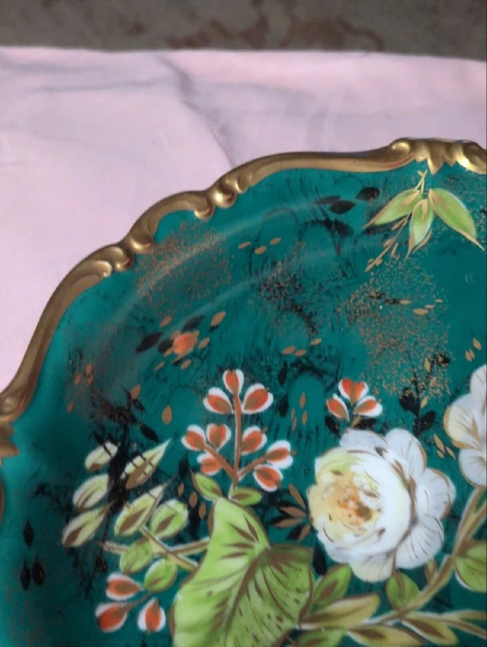 Rosen Thal Germany Hand-Painted Floral Decorative Bowl in Teal with Gold Trim